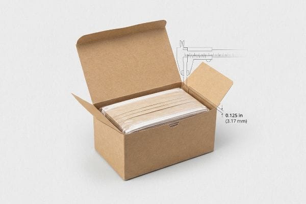 An open kraft cardboard box displays a stack of beige face masks, with a caliper graphic showing a 0.125-inch (3.17 mm) internal clearance.