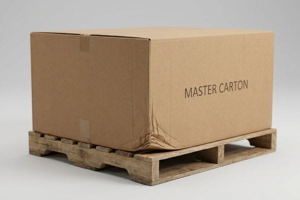 Master Carton Pallet Overhang Brown corrugated Master Carton box with a buckled corner, demonstrating pallet overhang on a wooden shipping pallet.