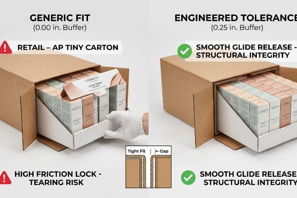 Engineered Tolerance Packaging Corrugated master cartons show generic 0.00-inch buffer causing high friction and tearing risk for retail cosmetic trays, contrasted with engineered 0.25-inch buffer for smooth glide release.