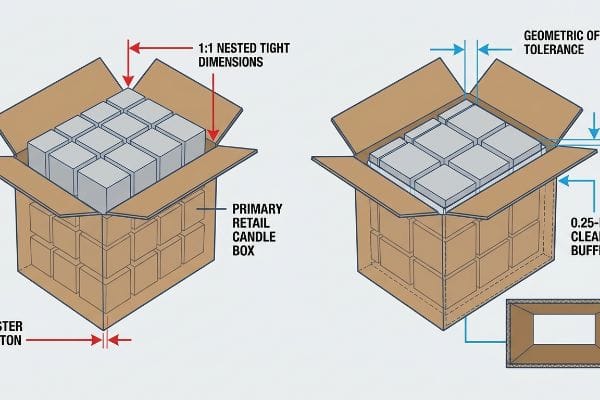 Comparaison des emballages en carton Deux schémas comparent l'emballage du carton principal : l'un avec des dimensions emboîtées serrées 1:1 et l'autre avec une marge de dégagement de 0,25 pouce pour les boîtes de bougies de vente au détail primaires.