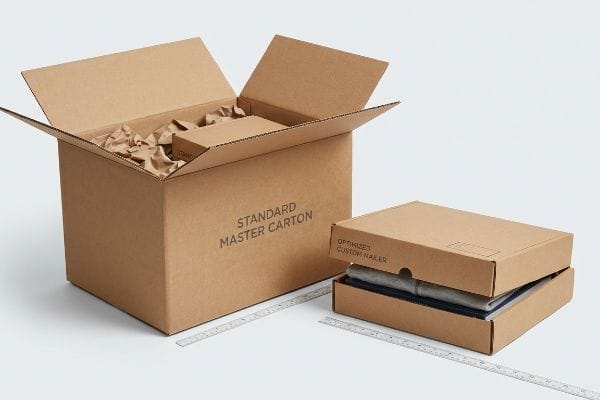 Carton vs Mailer Comparison Brown corrugated cardboard boxes: an open Standard Master Carton with crumpled paper and an Optimized Custom Mailer with clothes, alongside rulers.