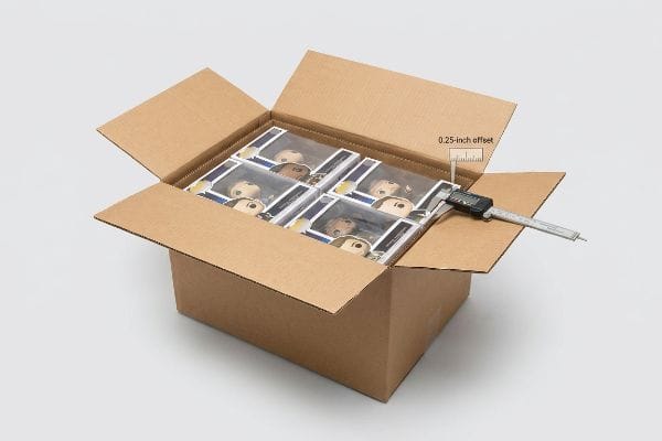Master Carton Offset Measurement Brown corrugated master carton containing six retail boxes, a digital caliper measuring the 0.25-inch offset tolerance.