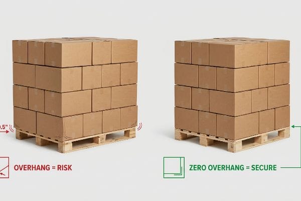 Brown cardboard boxes on wooden pallets illustrate Overhang = Risk with 0.5" overhang versus Zero Overhang = Secure.