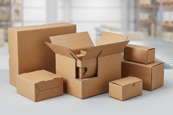 Corrugated Shipping Boxes Various corrugated shipping boxes, including an open master carton with a protective insert, are ready for dispatch.