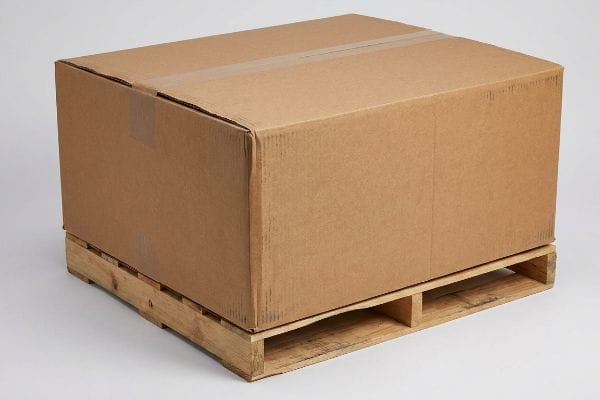 صندوق كبير محكم الإغلاق من الكرتون البني المموج ذو الفتحات العادية (RSC) موضوع على منصة نقالة خشبية من نوع GMA، يعرض هيكله المصنوع من ورق كرافت بكر 32ECT.