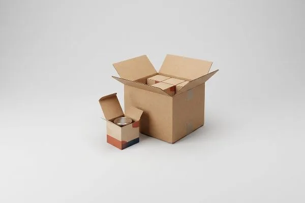 Ein brauner Wellpapp-Versandkarton mit innenliegenden Sekundärverpackungen für den Einzelhandel, daneben ein kleinerer, farbenfroher Karton mit einem silbernen Behälter.