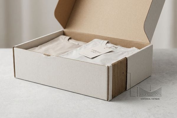 Material Fatigue Clothing Box An open corrugated clothing box with two folded shirts, one featuring a "Storage Only" tag, illustrates Material Fatigue with a diagram.