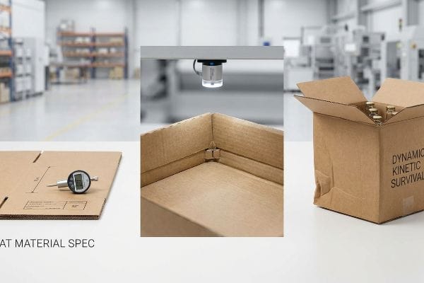 Kinetic Survival Packaging Test Corrugated cardboard flat material spec with digital caliper, an assembled box corner, and vials in a box labeled Dynamic Kinetic Survival.