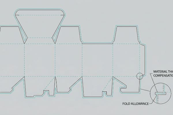 Dieline Material Compensation Diagram A technical dieline diagram illustrates Material Thickness Compensation and Fold Allowance in packaging, showing offset cut and fold lines for precise bend allowances.