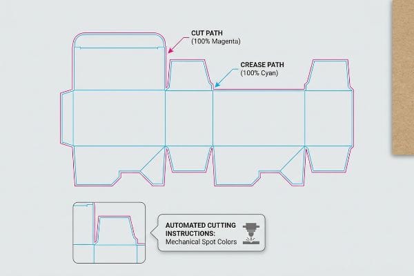 Mechanical Spot Color Dieline Dieline for custom box, showing Cut Path (100% Magenta) and Crease Path (100% Cyan) for Automated Cutting Instructions: Mechanical Spot Colors.