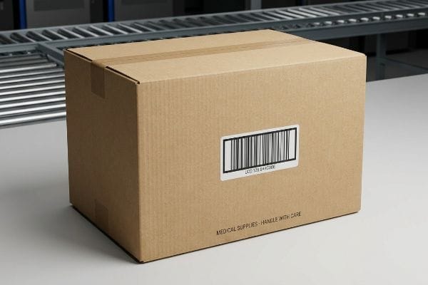Medical Box Barcode Label Brown corrugated cardboard box featuring a UCC-128 Barcode label and 'Medical Supplies - Handle With Care' text, on a warehouse conveyor.