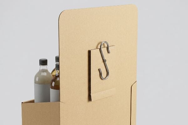 S-Hook Double-Wall Reinforcement Metal S-hook on a double-wall reinforced brown corrugated sidekick display, holding two bottles of liquid merchandise.
