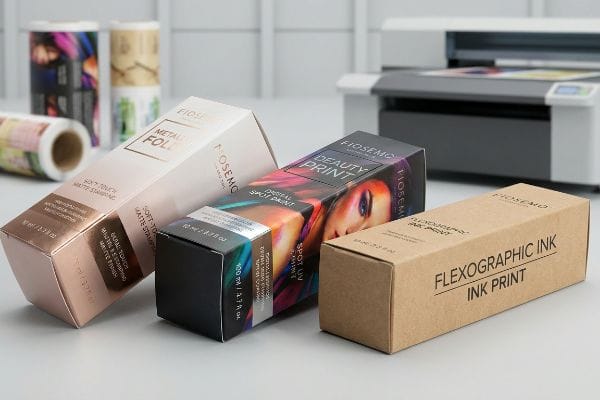 Cosmetic packaging boxes demonstrate printing options: soft-touch Metallic Foil, Digital Spot Print with Spot UV, and Flexographic Ink Print, near a digital printer.