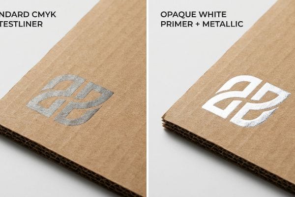 Primer Metallic Print Test Brown corrugated cardboard samples show a dull metallic silver logo on Standard Cmyk Testliner versus a vibrant one with Opaque White Primer + Metallic.