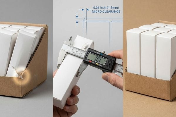 Brown corrugated retail tray tearing from tight white folding cartons, contrasted with a digital caliper measuring a box for 0.06 inch (1.5mm) Micro-Clearance, ensuring a perfect fit.