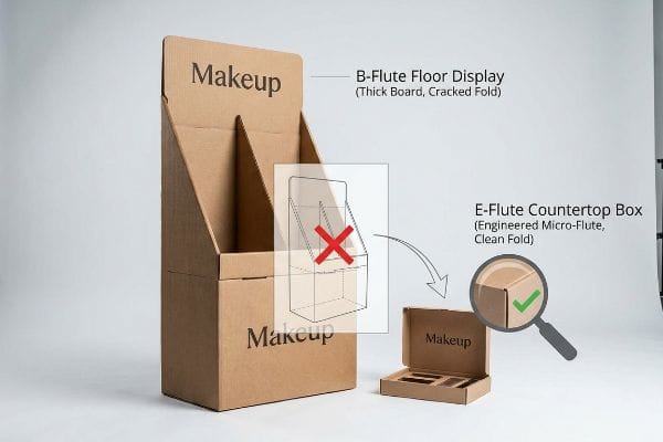 Makeup Display Flute Comparison B-Flute makeup floor display with cracked folds contrasts an E-Flute countertop box featuring clean, engineered micro-flute folds.