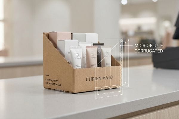A retail counter displays a custom-printed micro-flute corrugated box for Cup En Vaid, holding cosmetic tubes and small boxes.