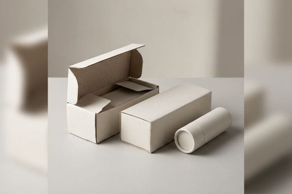 Lightweight micro-fluted corrugated cosmetic packaging, including an open box, a closed rectangular carton, and a cylindrical tube.