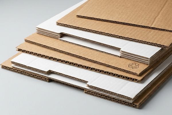 Stacked micro-fluted corrugated cardboard sheets in brown and white, with visible flutes and a recycling symbol, perfect for robust packaging.