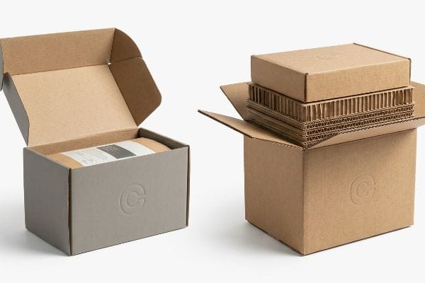 Corrugated Packaging Solutions Kraft and gray boxes showcasing micro-fluted corrugated inserts for superior kinetic shock absorption, with an embossed 'C' logo.