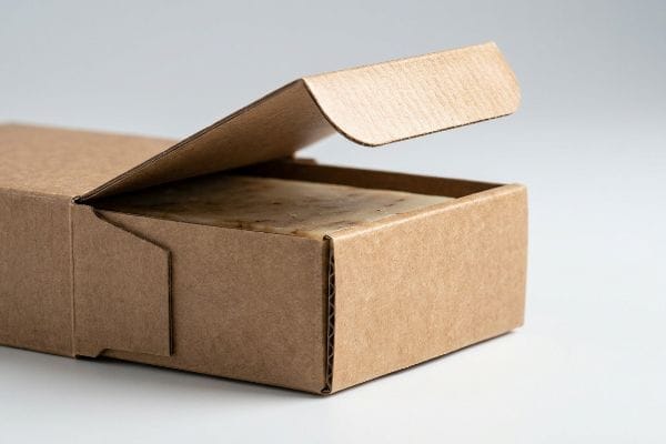 Brown micro-fluted corrugated soap box, partially open, revealing a light-colored product, ideal for sustainable packaging.