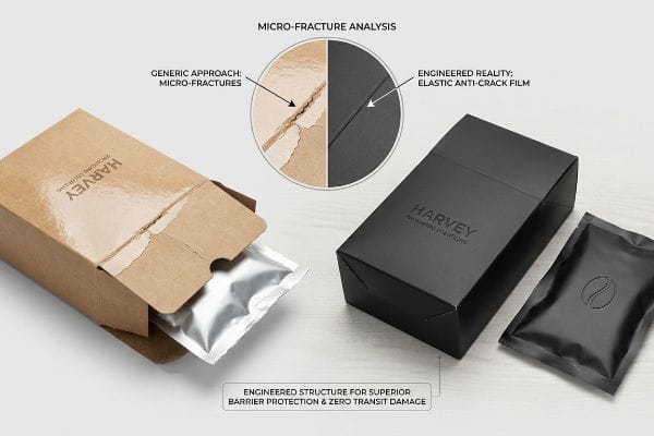 Harvey coffee box comparison: open brown box with micro-fractures versus sleek black box with elastic anti-crack film, showing Micro-Fracture Analysis.
