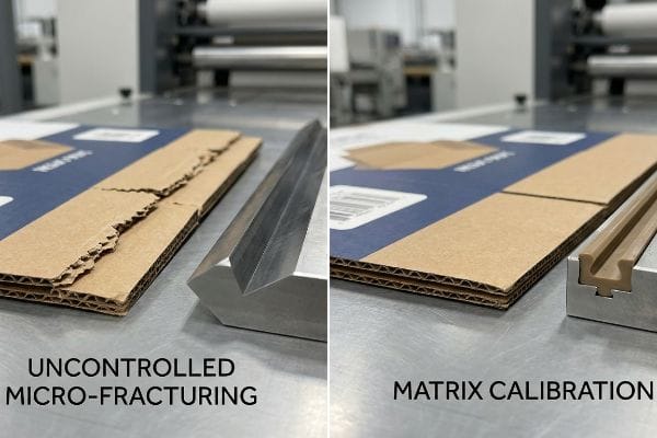 Corrugated board comparison showing uncontrolled micro-fracturing from a steel rule die versus a clean fold from matrix calibration.