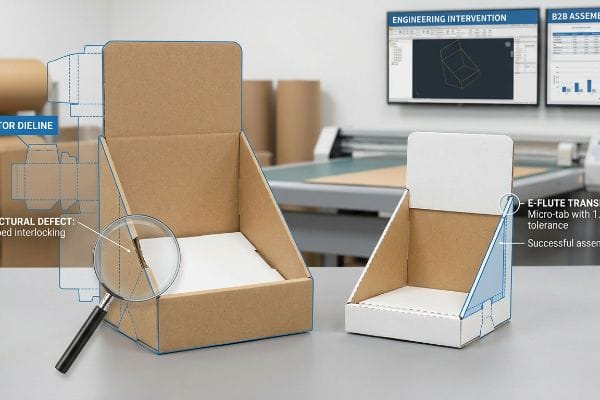 E-Flute Tolerance Intervention E-flute display boxes: one with magnified Structural Defect, the other with 1.2mm tolerance E-Flute Transition.