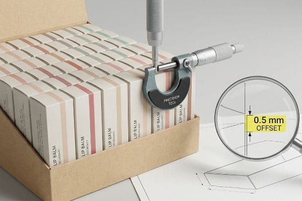 A Precision Tool micrometer measures a Lip Balm carton in a retail display, magnified blueprint shows 0.5 mm Offset.