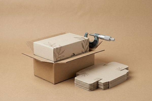 Packaging Tolerance Measurement A precision micrometer measures the geometric tolerance of a custom soap carton within a corrugated box, alongside flat die-cut packaging.