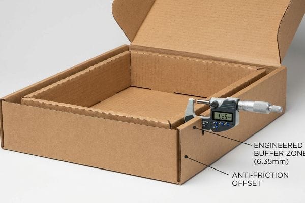 Corrugated cardboard box showing an engineered buffer zone of 0.25 inches (6.35 mm) measured by a micrometer, highlighting the anti-friction offset for nested packaging.