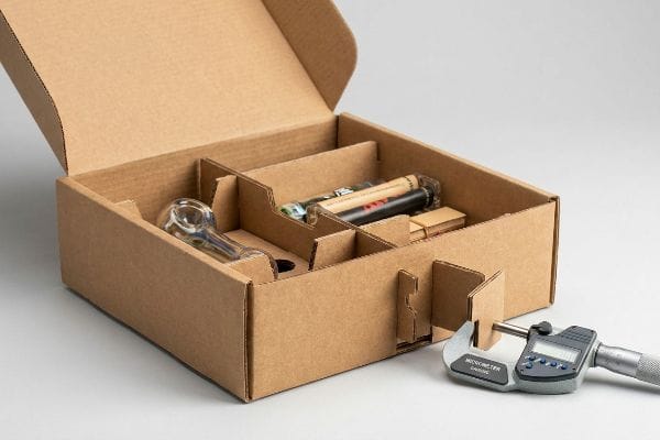 Digital micrometer measuring corrugated Hemper box, with dividers, holding a glass pipe, for caliper compensation.