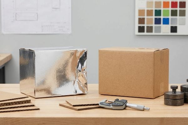 A digital micrometer measures corrugated board, positioned next to a silver foil-wrapped box and a plain brown box, for material density analysis.