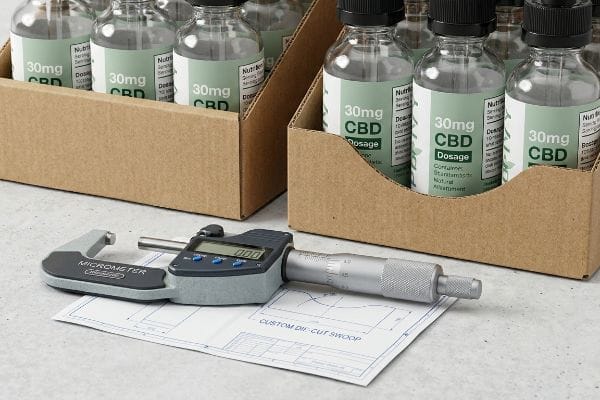 CBD-Stanz-Schwungdesign Graues digitales Mikrometer auf einer „Custom Die-Cut Swoop“-Zeichnung, neben Papptabletts mit 30-mg-CBD-Dosierungsfläschchen für präzise CBD-Verpackung.