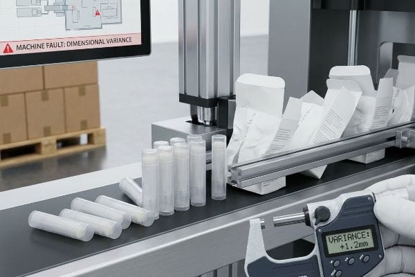 Digital micrometer displaying "Variance: +1.2mm" next to a conveyor belt with plastic tubes and white cartons, highlighting a "Machine Fault: Dimensional Variance" on a monitor.