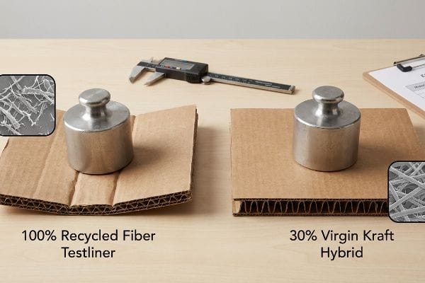 Compressed 100% Recycled Fiber Testliner and stable 30% Virgin Kraft Hybrid corrugated boards with weights, showing microscopic fiber differences.