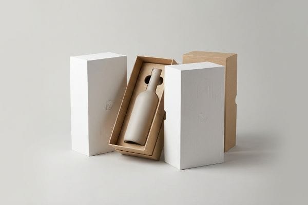 Custom Bottle Packaging Display An open custom packaging box reveals a light beige bottle in a custom-fit insert, flanked by two minimalist white boxes on a grey surface.