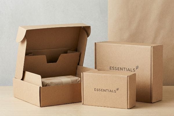 Minimalist Kraft Packaging Boxes Three minimalist brown kraft cardboard boxes, one open with an internal insert and wrapped product, branded "Essentials" with a leaf.