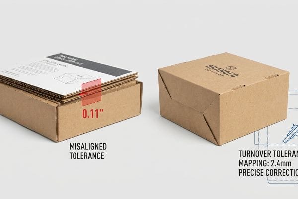 Brown corrugated boxes: 0.11-inch Misaligned Tolerance vs. 2.4mm Precise Correction for Branded packaging.