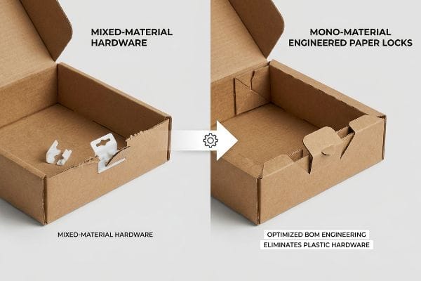 段ボール箱は、複数の素材を組み合わせたプラスチック製金具から、単一素材で設計された紙製ロックへの移行を示しており、部品表（BOM）設計の最適化に貢献している。.