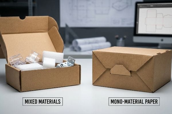 An open corrugated box filled with Mixed Materials (plastic, foam, metal) contrasts with a closed Mono-Material Paper box, highlighting sustainable packaging design.