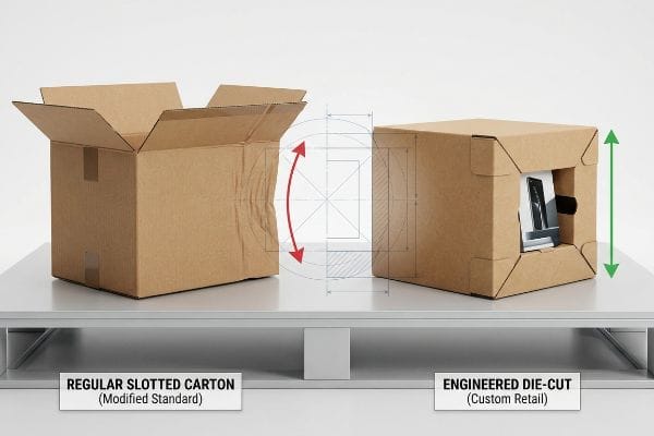 Brown corrugated boxes: Regular Slotted Carton (Modified Standard) vs. Engineered Die-Cut (Custom Retail) box with product display.