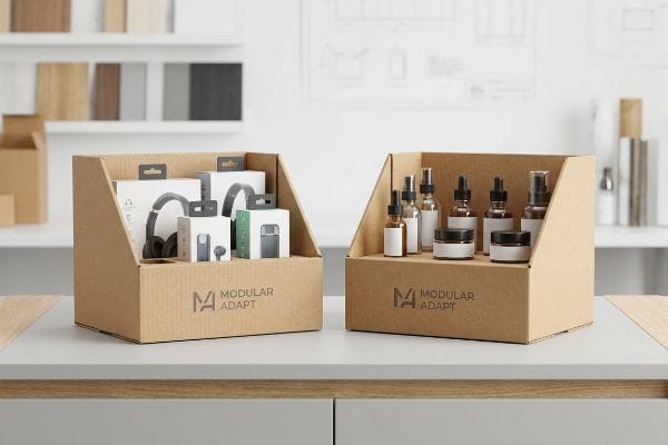 Modular Display Boxes Two Modular Adapt cardboard display boxes showcase electronics like headphones and earbuds, alongside cosmetic products including dropper bottles and jars, demonstrating versatile retail packaging.