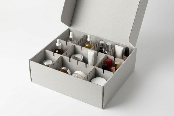 Modular Cosmetic Box Organizer Light gray paperboard box with modular interlocking dividers organizing diverse cosmetic bottles, jars, and tubes.