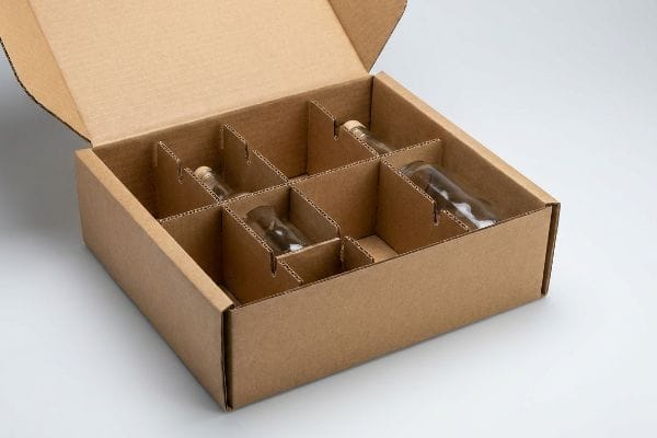 Modular Divider Box Packaging Brown corrugated cardboard box with a modular divider system, organizing three small glass bottles with cork stoppers for product packaging.