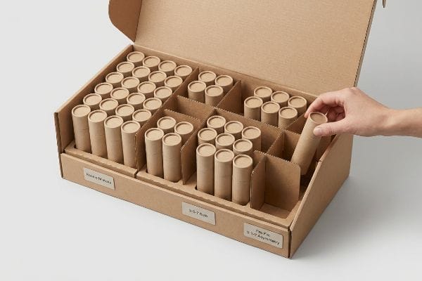 3-5-7 Rule Display Box Kraft paper display box, modular dividers, 3-5-7 Rule asymmetrical SKU arrangement of brown tubes. Rookie Mistake, Pro Fix.