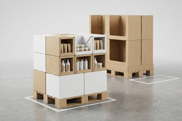 Modular kraft and white cardboard quarter-pallet display filled with cosmetic products, next to an empty brown pallet display.