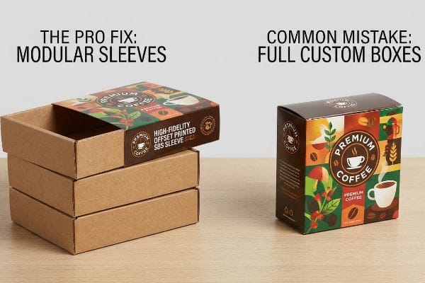 Modular vs Custom Packaging High-Fidelity Offset Printed SBS Sleeve for Premium Coffee on a modular kraft box, contrasted with a Full Custom Box, showcasing packaging options.