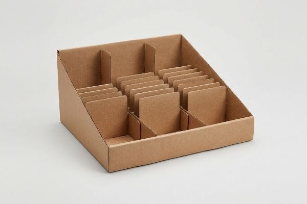 Cardboard Display Tray Dividers Brown corrugated cardboard display tray with modular SKU dividers, designed for retail product organization and efficient restocking.