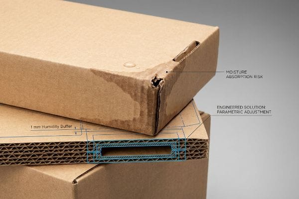 Moisture Risk Solution Wet corrugated box corner, 'Moisture Absorption Risk,' contrasted by '1 mm Humidity Buffer' and 'Parametric Adjustment' slot.